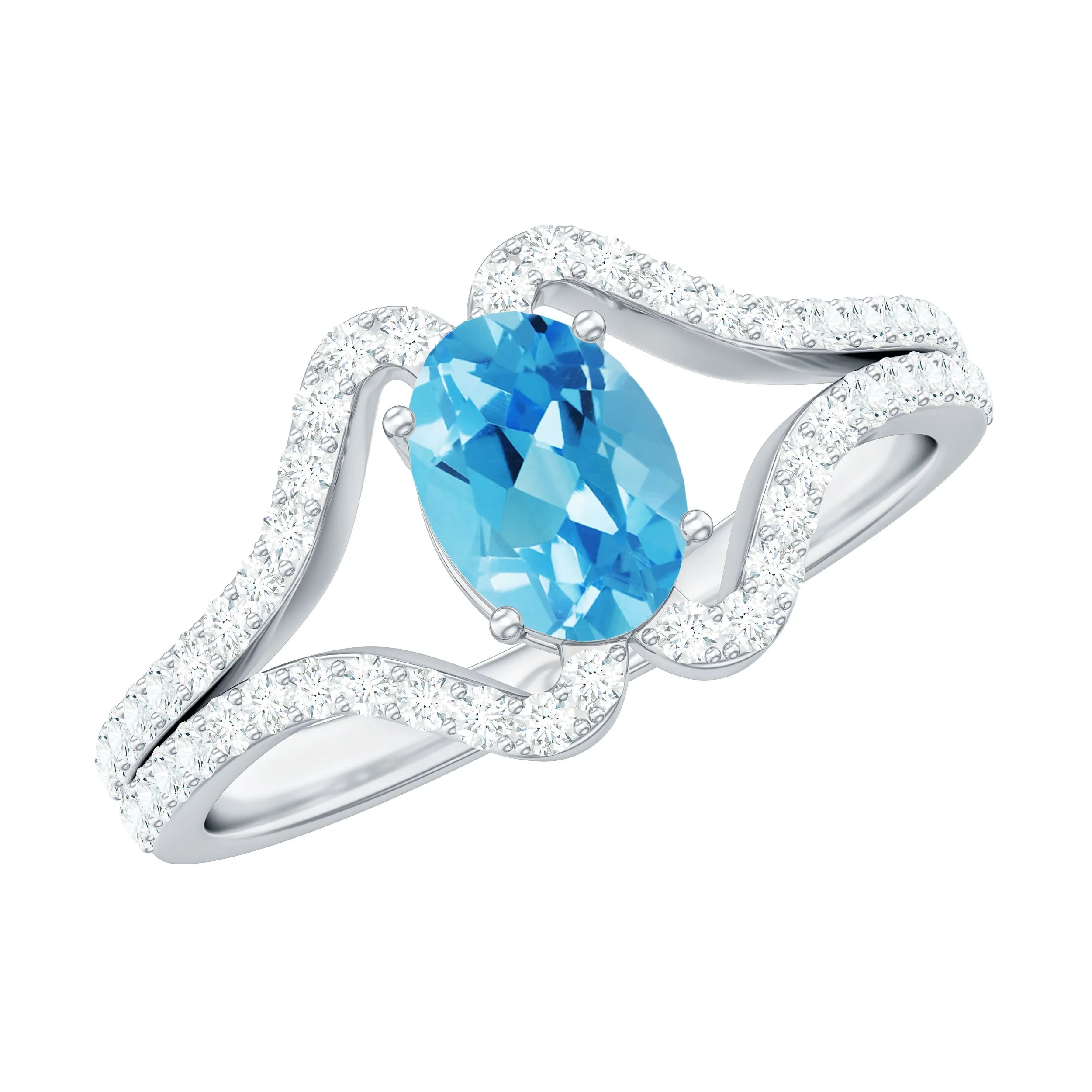 Oval Cut Swiss Blue Topaz and Diamond Ring with Split Shank