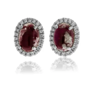 Oval Red Beryl Cabochon with Diamond Halo Post Earrings