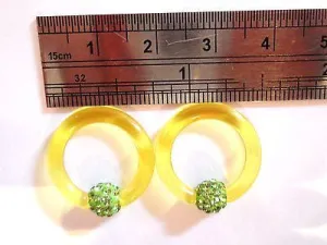 Pair Amber Acrylic Plastic Green Crystal Earrings Hoops Lobe Rings 8 gauge 8g