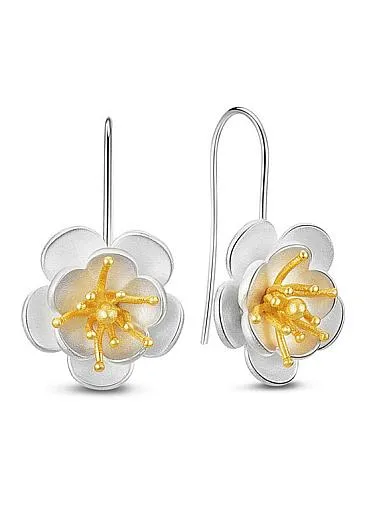 Plum Blossom with 24K Gold Plated Bud 925 Sterling Silver Hook Earrings