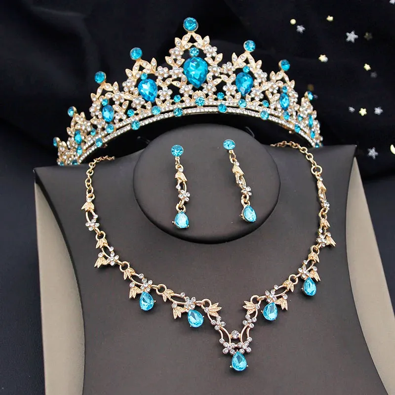 Princess Colorful Crown Jewelry Sets Paved Tiaras Necklace Earrings Sets