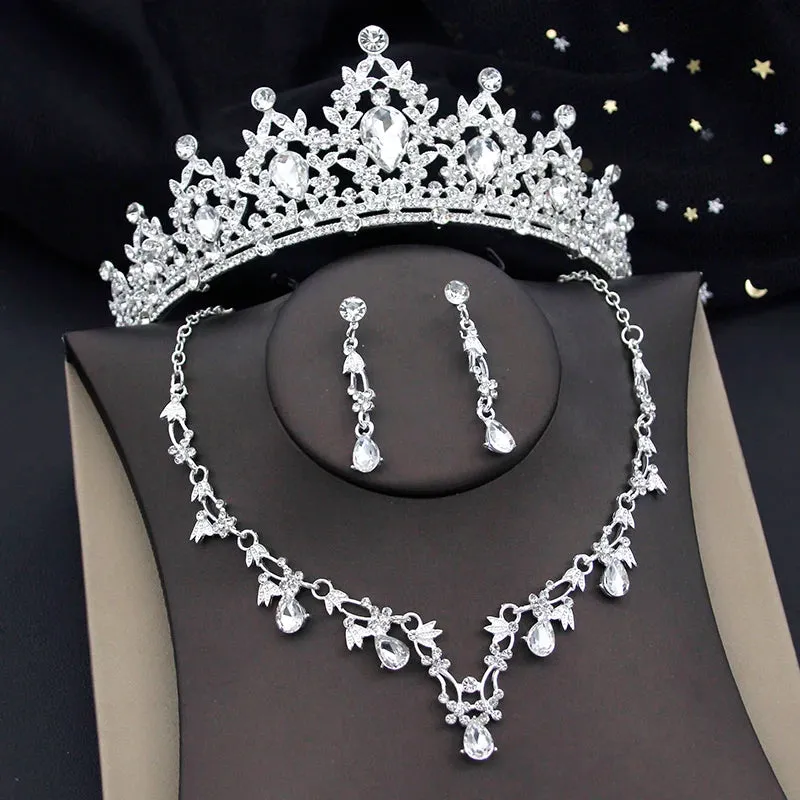 Princess Colorful Crown Jewelry Sets Paved Tiaras Necklace Earrings Sets