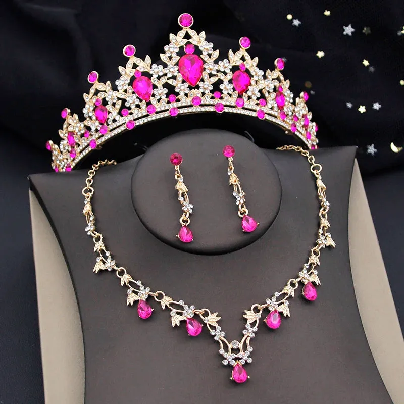 Princess Colorful Crown Jewelry Sets Paved Tiaras Necklace Earrings Sets