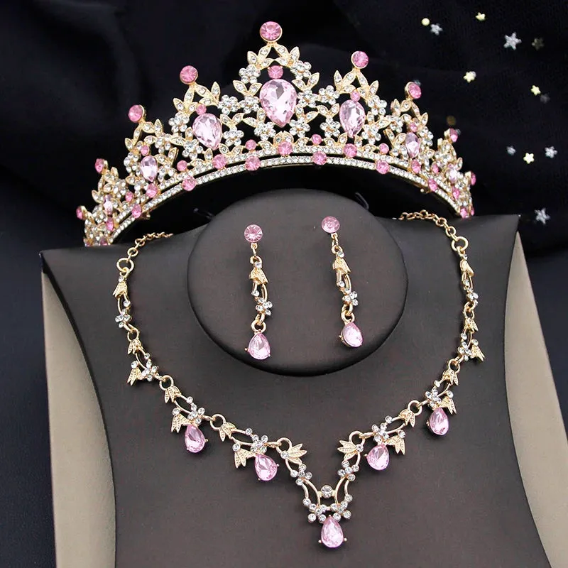 Princess Colorful Crown Jewelry Sets Paved Tiaras Necklace Earrings Sets