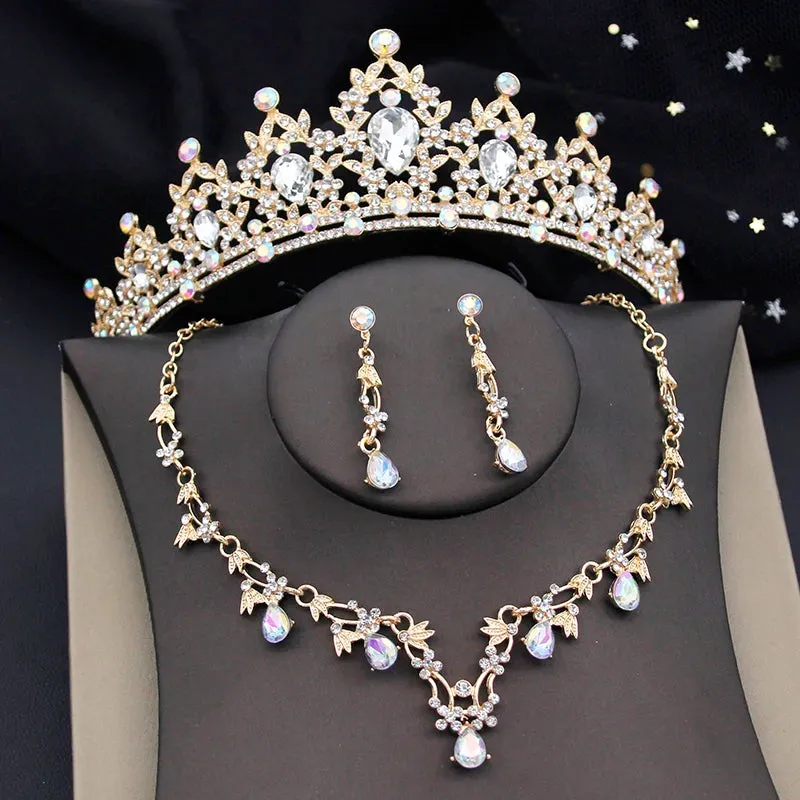 Princess Colorful Crown Jewelry Sets Paved Tiaras Necklace Earrings Sets