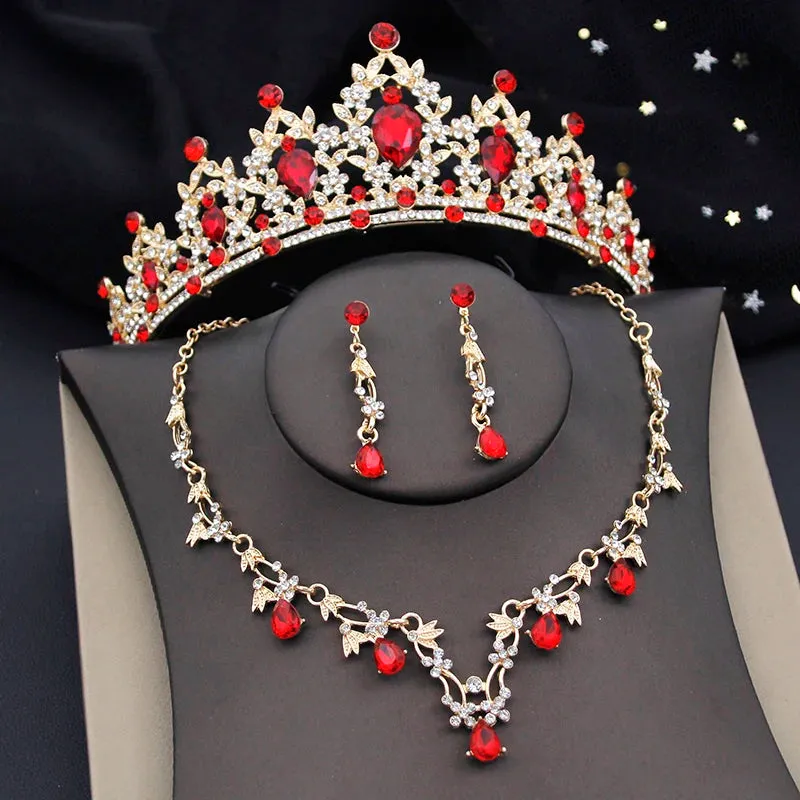 Princess Colorful Crown Jewelry Sets Paved Tiaras Necklace Earrings Sets