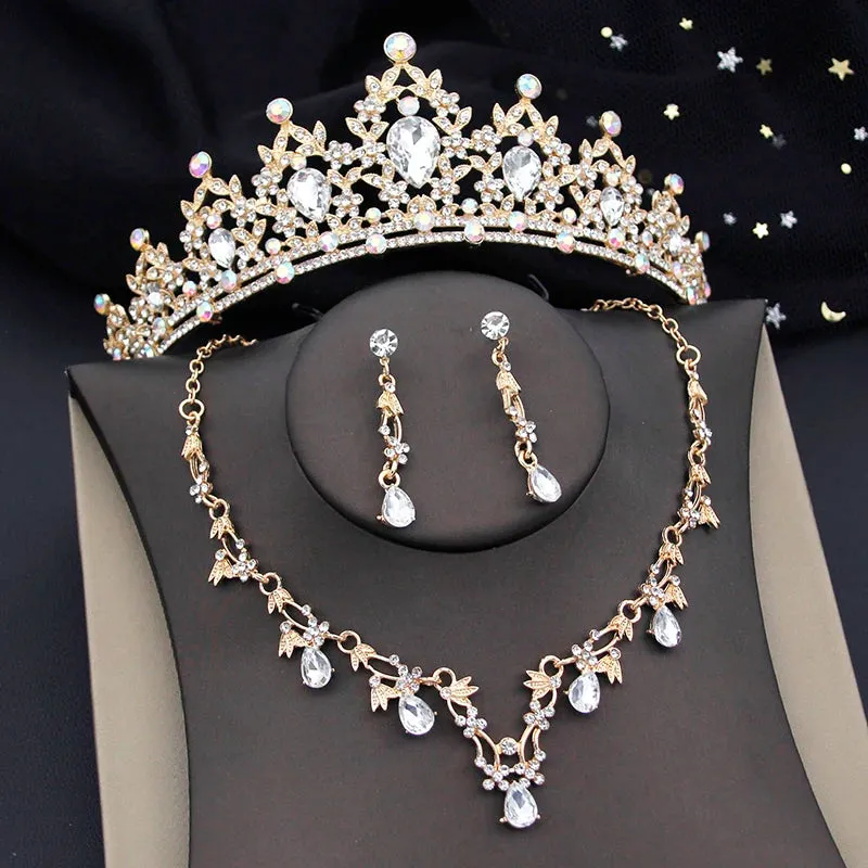 Princess Colorful Crown Jewelry Sets Paved Tiaras Necklace Earrings Sets