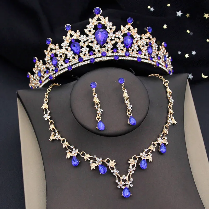 Princess Colorful Crown Jewelry Sets Paved Tiaras Necklace Earrings Sets