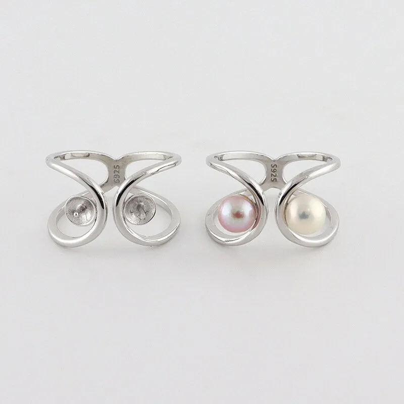 Ring Blank Pearl Setting 5.5mm 925 Solid Sterling Silver Bezel Flower Cup Adjustable For Two Beads DIY Jewelry Finding Wholesale 1pc