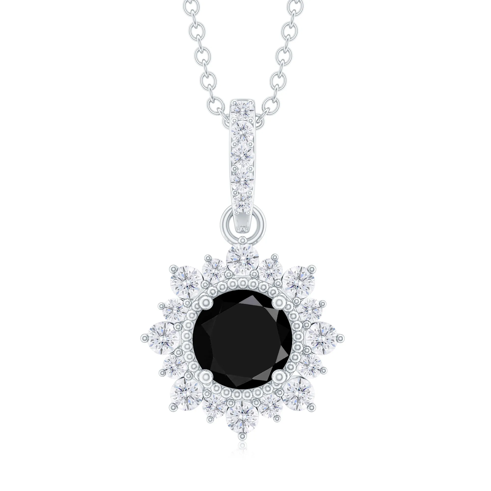 Round Black Onyx Halo Pendant with Diamond Accent Bail