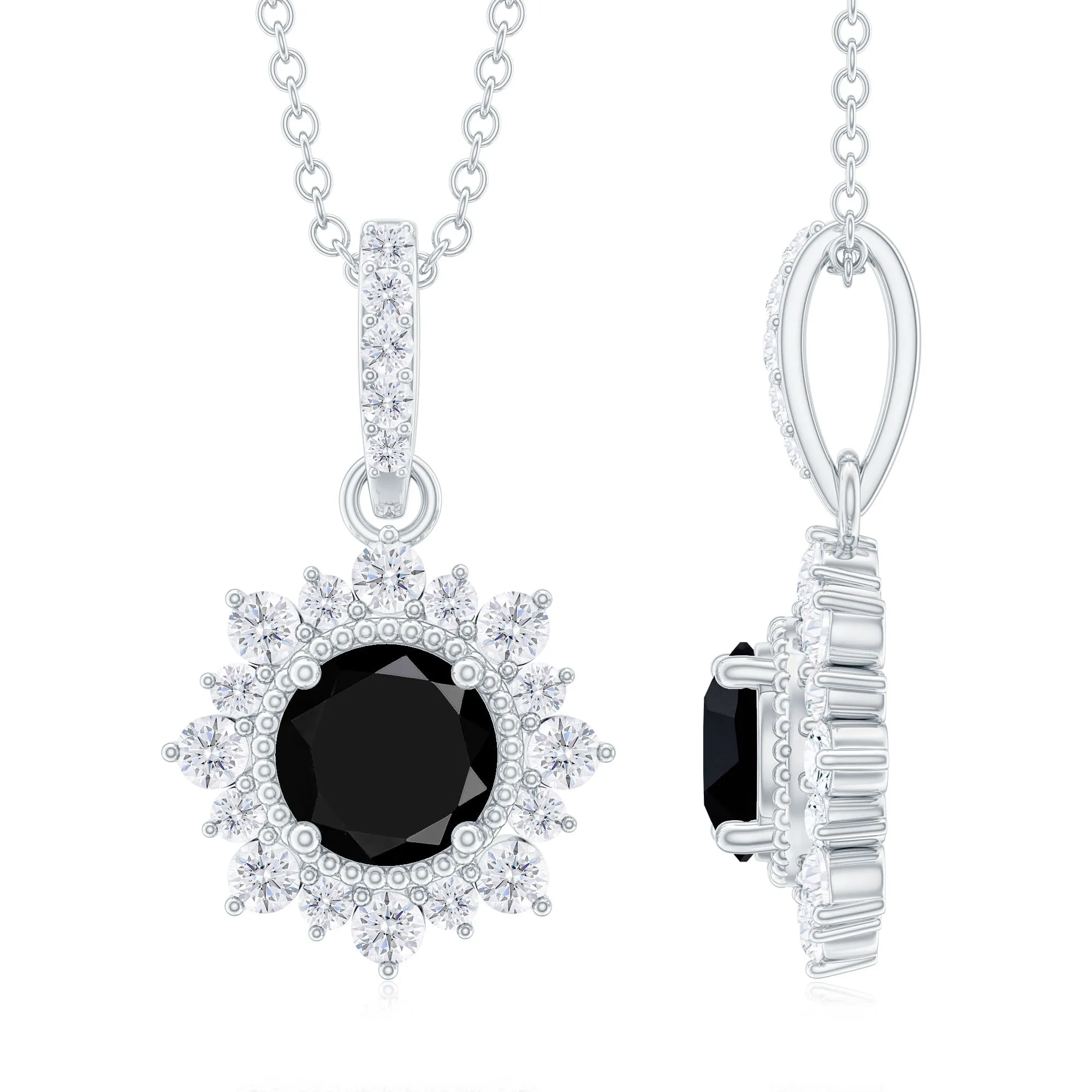 Round Black Onyx Halo Pendant with Diamond Accent Bail