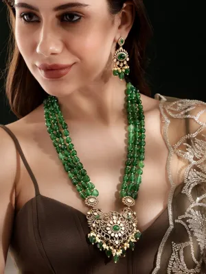 Rubans Antique Gold Plated Emerald Green Beaded Statement Pendant Necklace Set