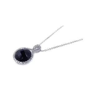 Silver 925 Rhodium Plated Onyx Circle Pendant Necklace with CZ