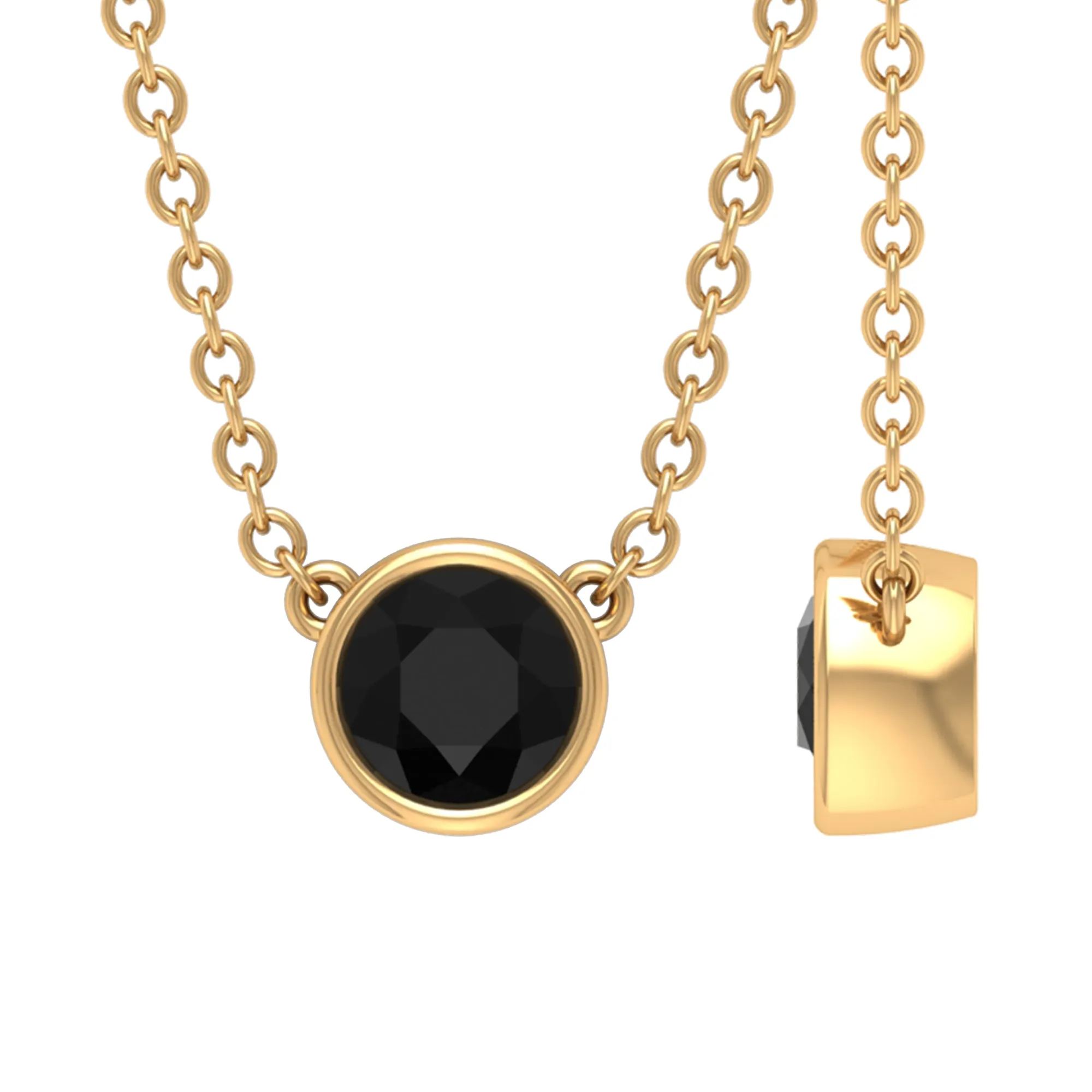 Simple Round Black Onyx Solitaire Necklace in Bezel Setting