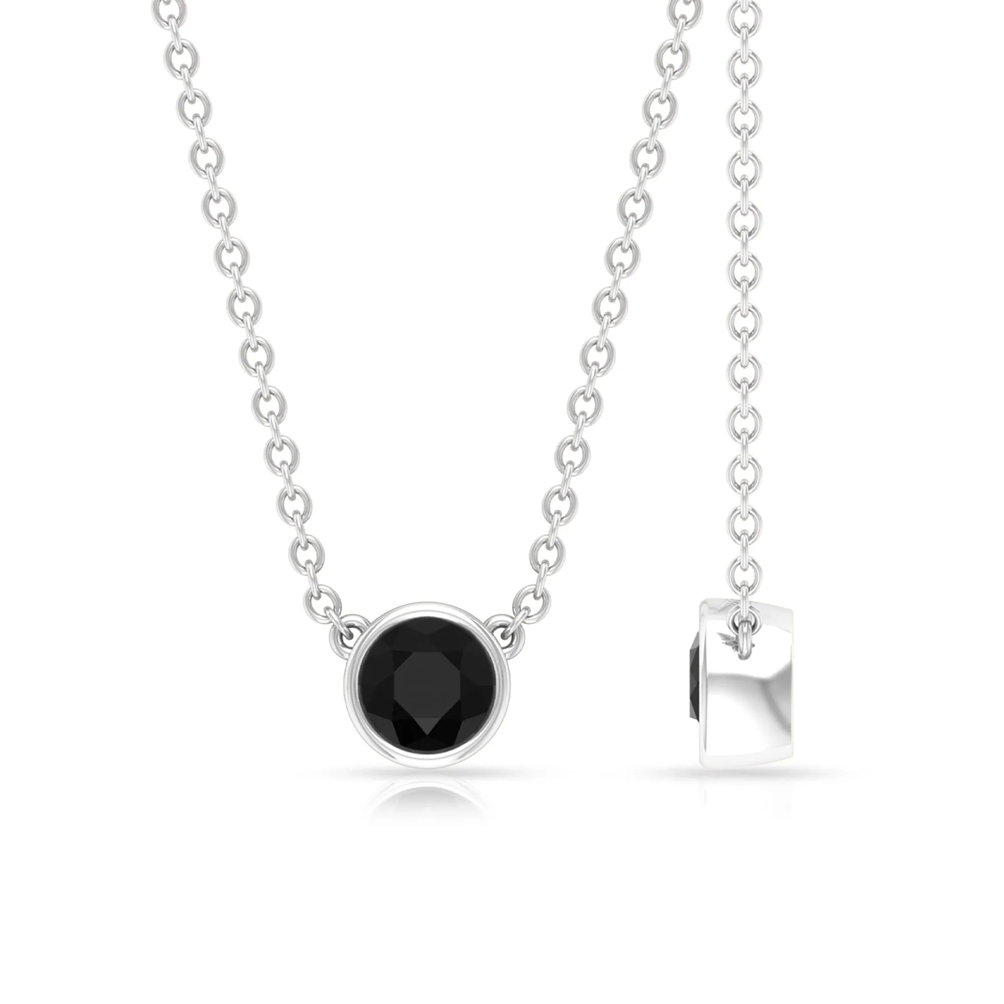 Simple Round Black Onyx Solitaire Necklace in Bezel Setting