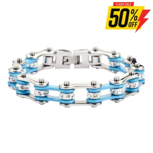 SK1104 1/2" Wide Two Tone Silver Turquoise With White Crystal Centers Stainless Steel Motorcycle Bike Chain Bracelet