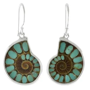 Starborn Ammonite with Turquoise Inlay Earrings in Fine Sterling Silver