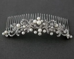 Tiara Comb of Antiqued Silver Scrolls and Pearls