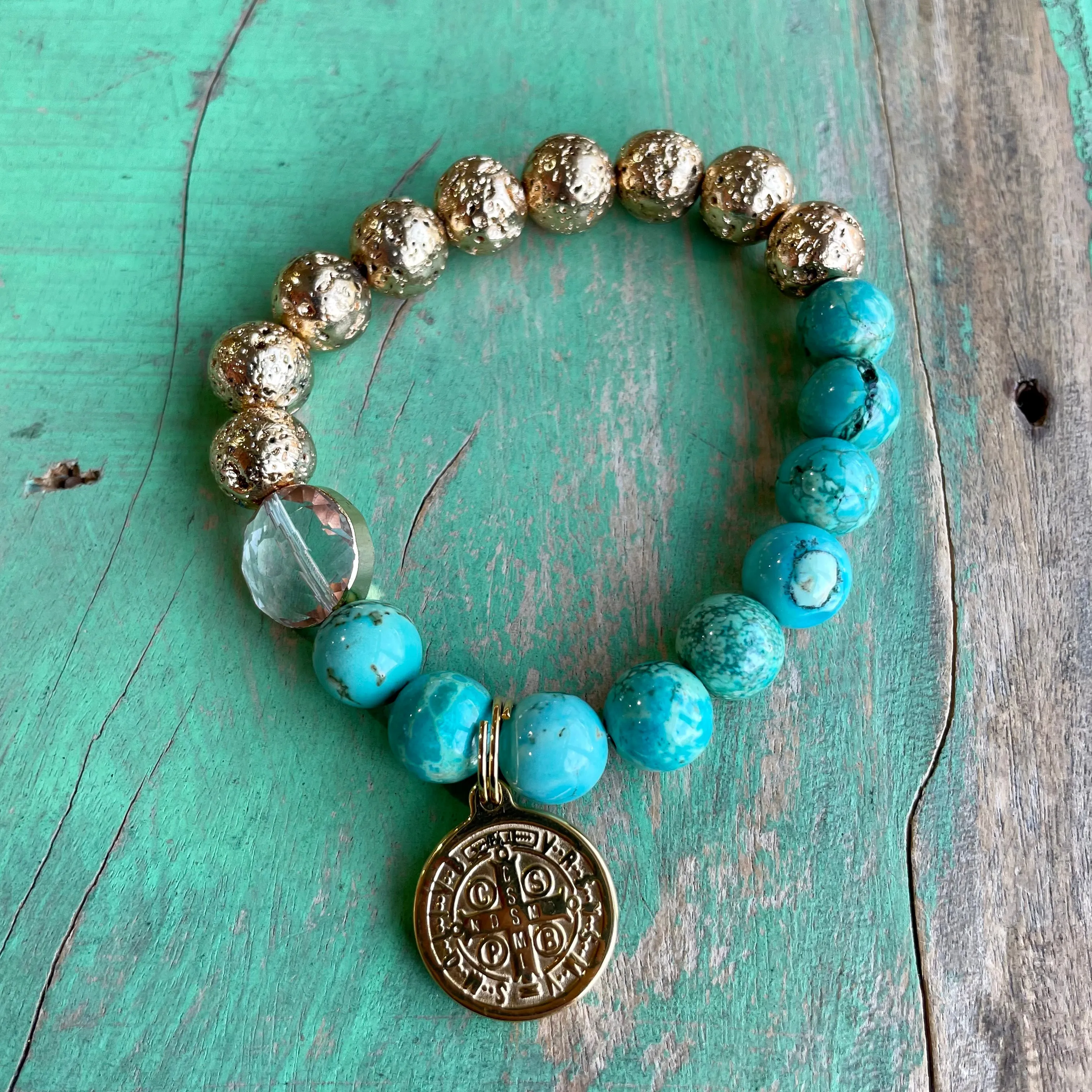 Turquoise and Gold Lava Bracelet and Earrings Set