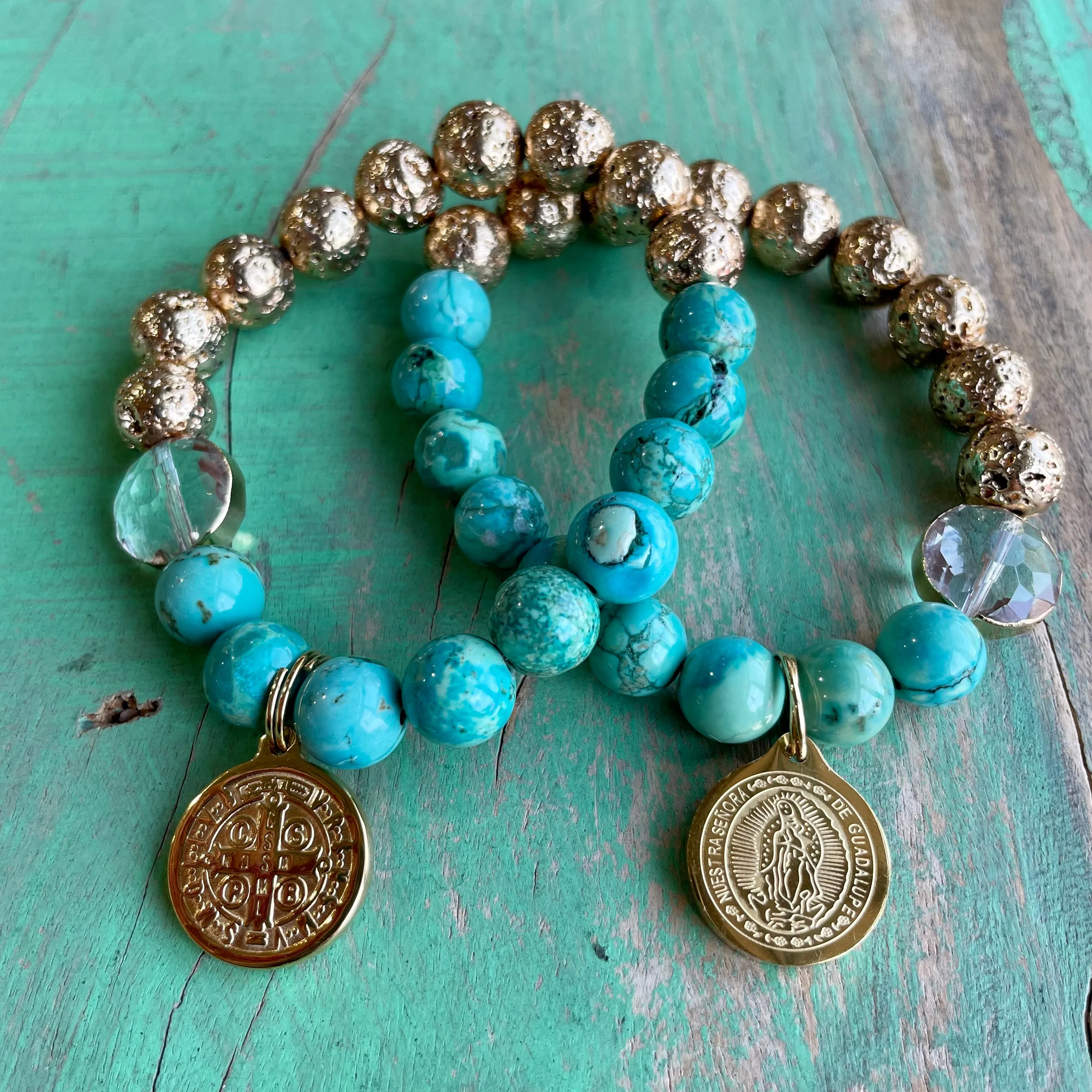 Turquoise and Gold Lava Bracelet and Earrings Set