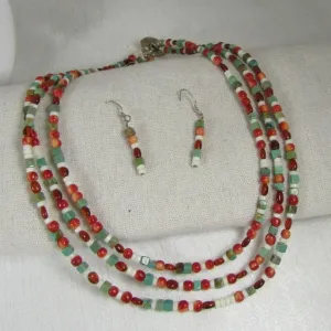 Turquoise, Red & Amber Bead Multi-strand Necklace & Earrings