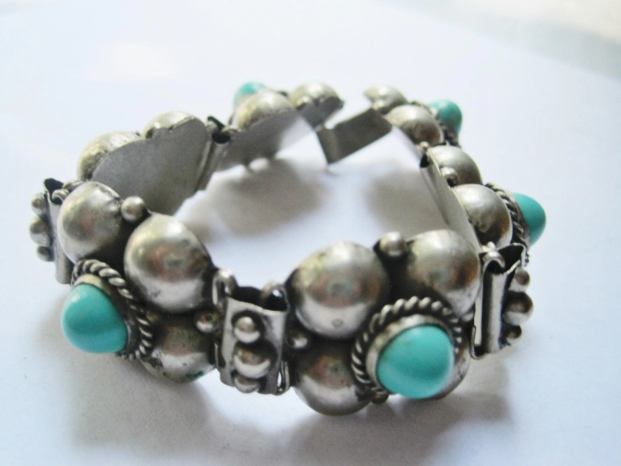 Vintage Early Mexican Silver Flower Link Bracelet