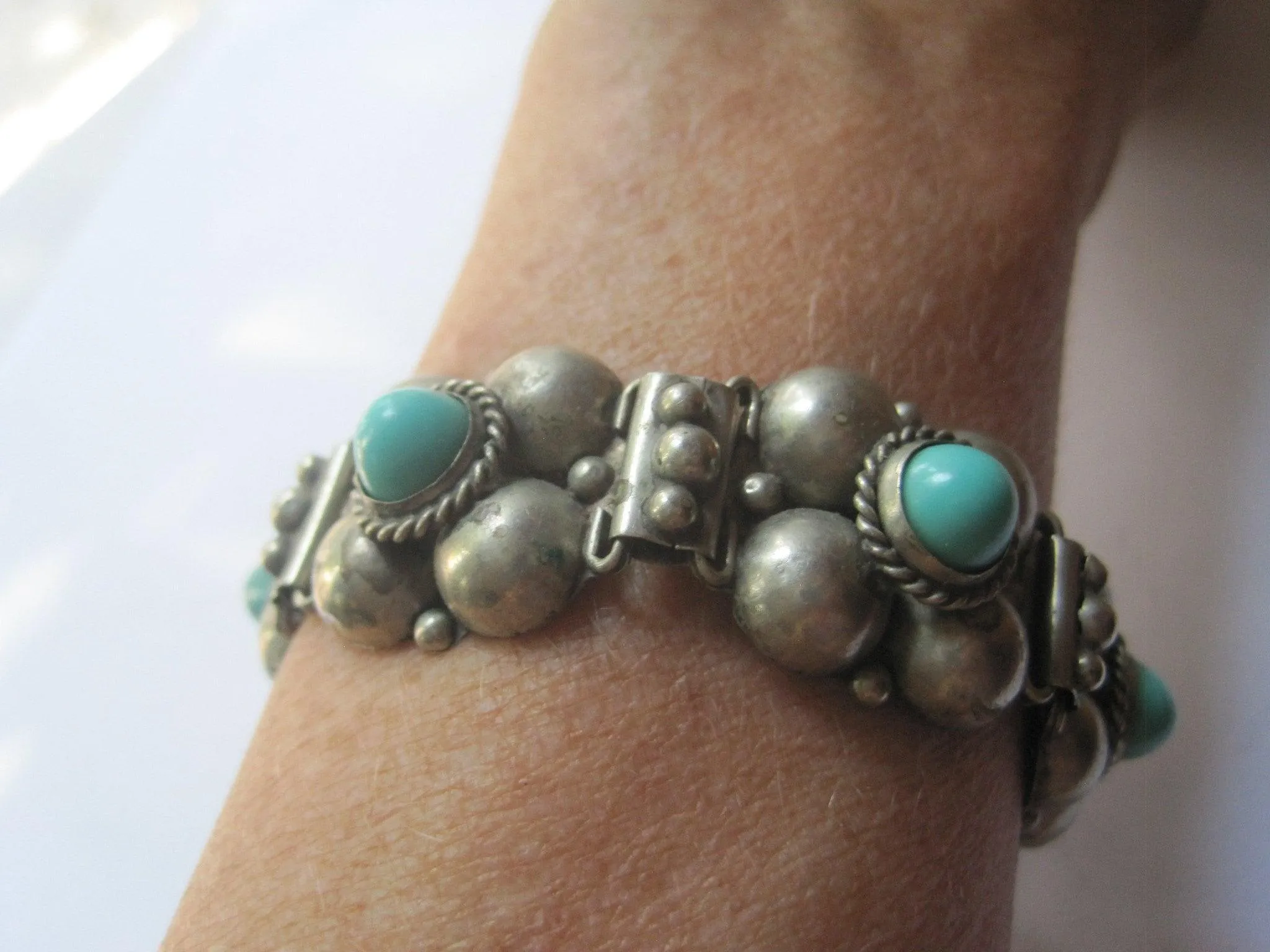 Vintage Early Mexican Silver Flower Link Bracelet