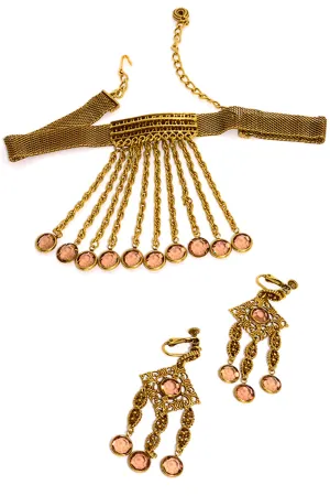 Vintage Goldette Mesh Fringe Crystal Drop Choker Necklace & Earrings