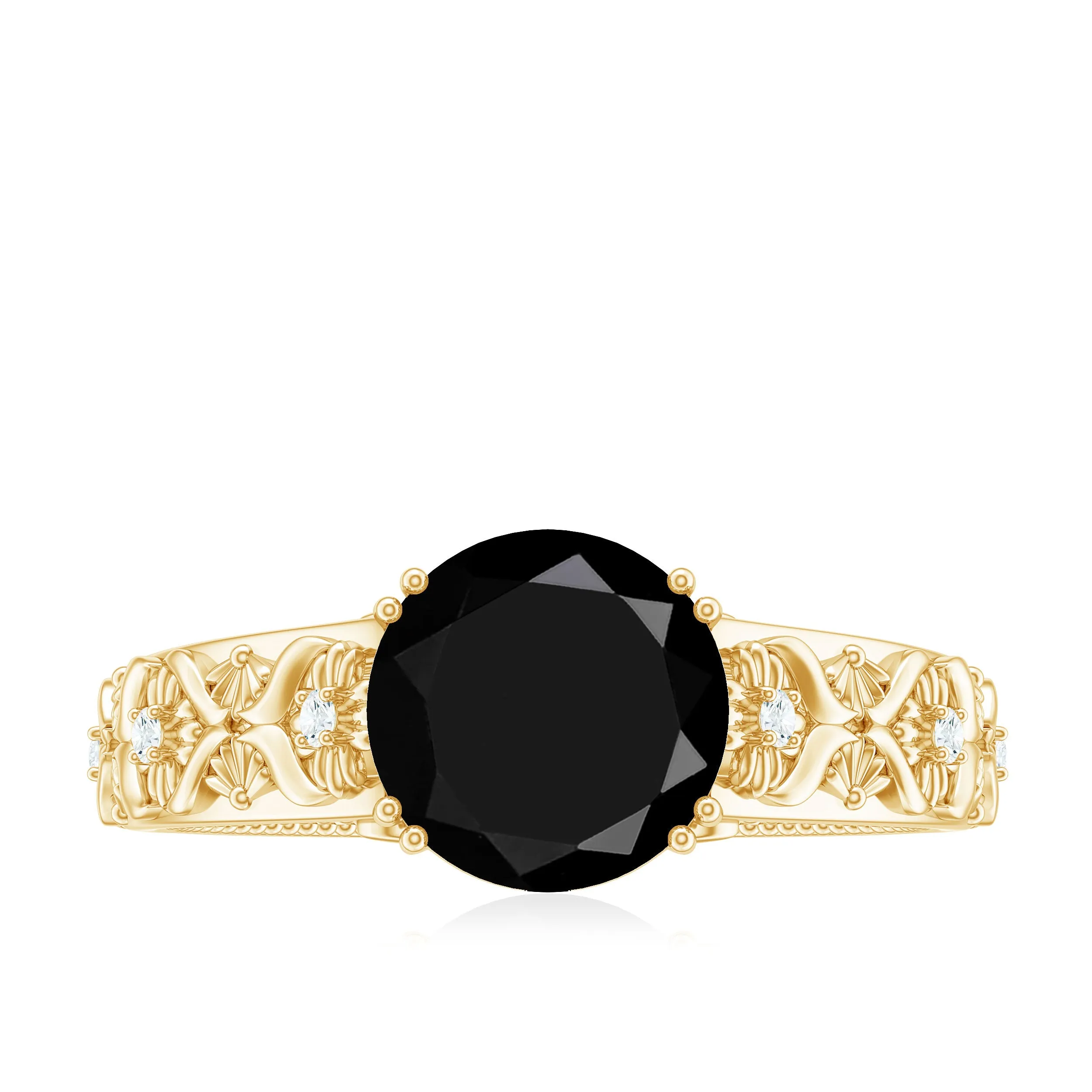 Vintage Inspired Created Black Diamond and Diamond Floral Solitaire Ring