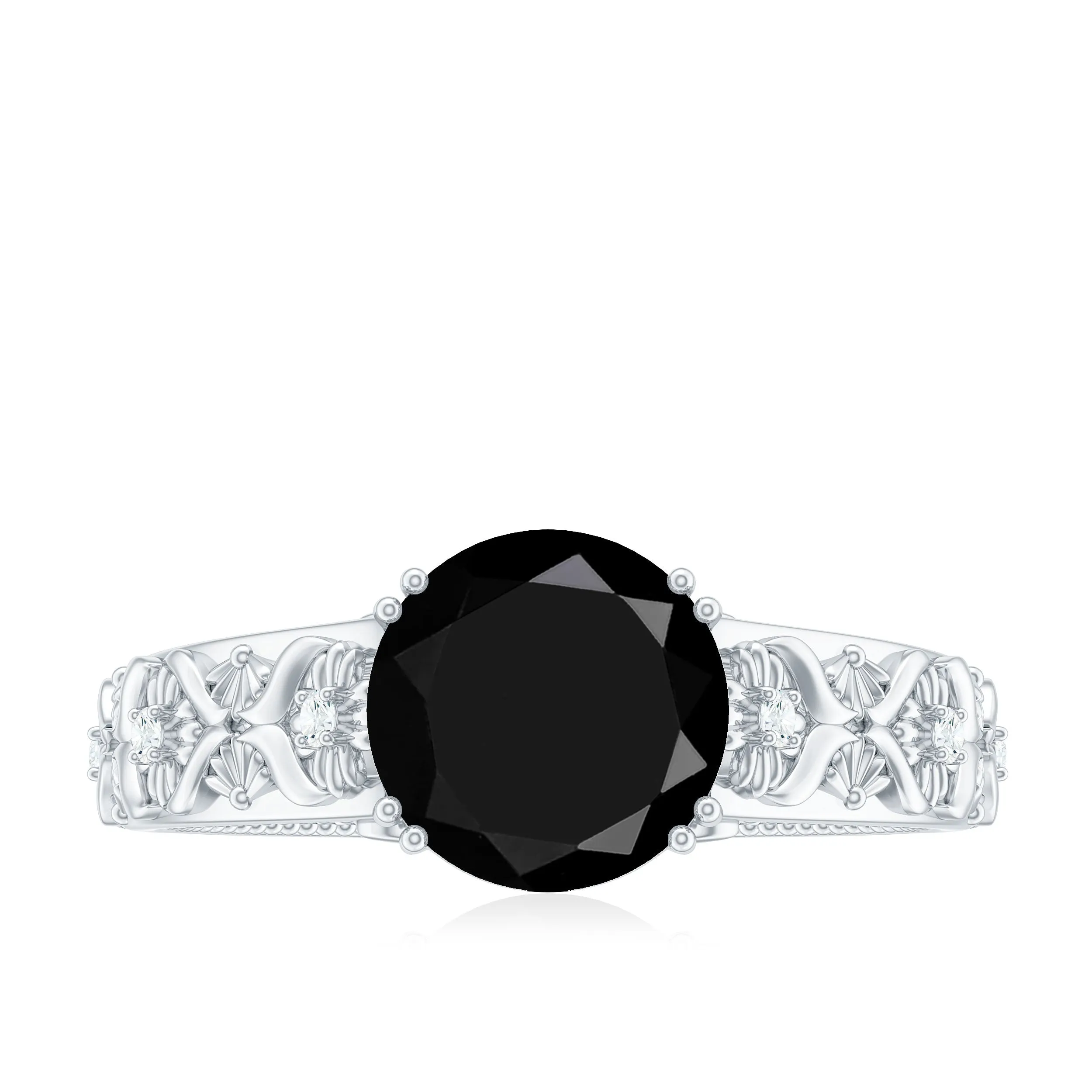 Vintage Inspired Created Black Diamond and Diamond Floral Solitaire Ring