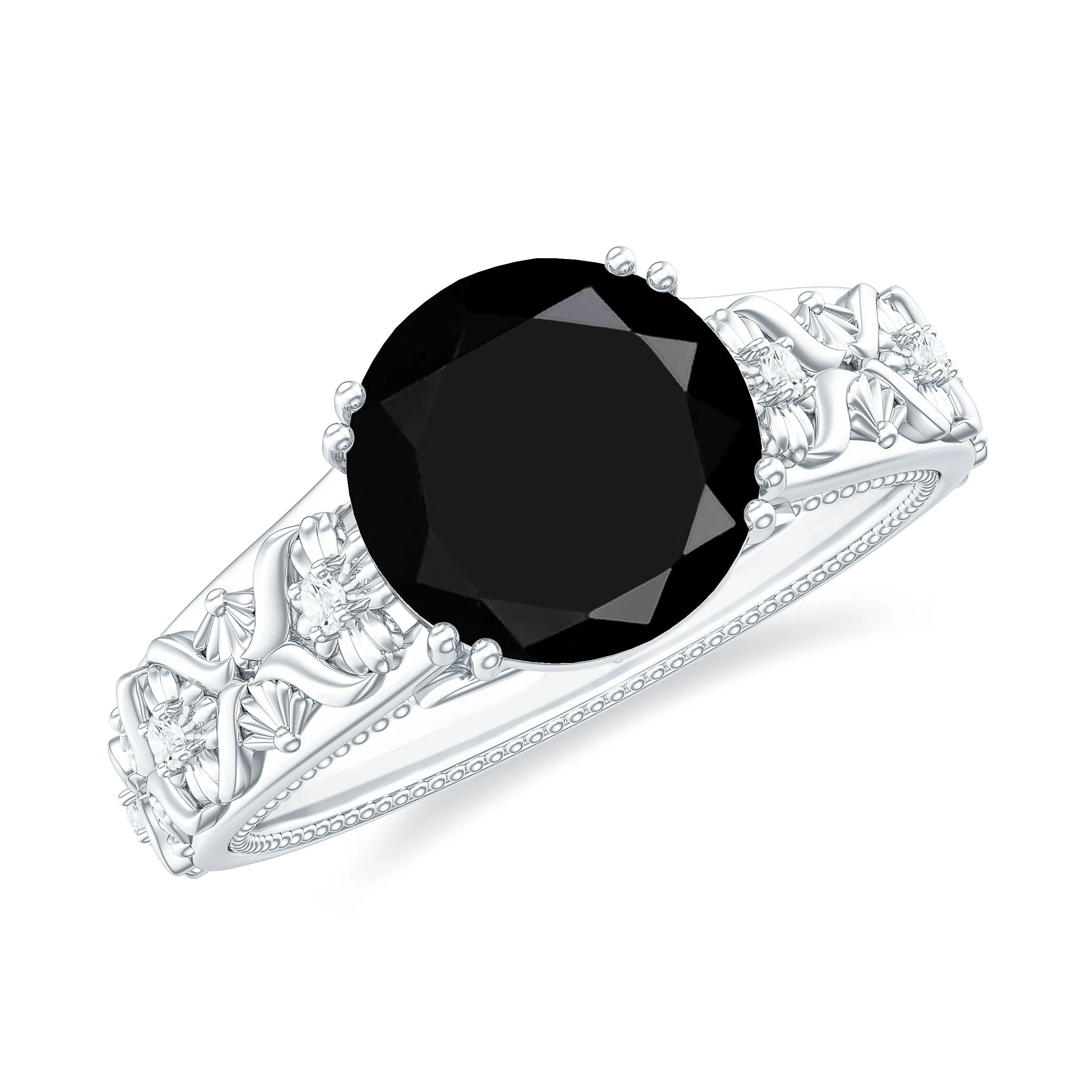 Vintage Inspired Created Black Diamond and Diamond Floral Solitaire Ring