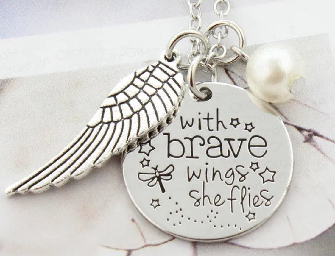 With brave wings she flies Jewelry Necklace Bracelet Key chain Stainless steel Inspirational quotes